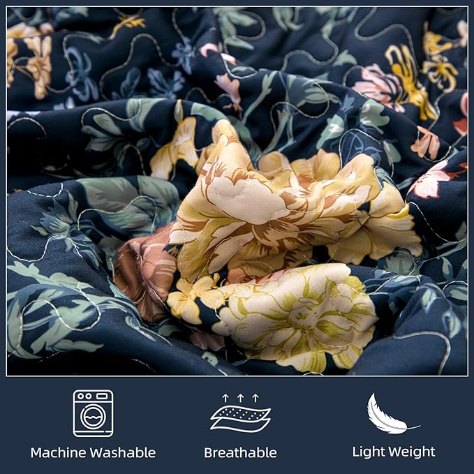 WONGS BEDDING Quilt King Size, Navy Blue Quilt Bedding Set with 2 Pillowcases, Botanical Quilt for King Bed, Soft Microfiber Lightweight Coverlet Bedspread for All Season (110"×90", 3 Pieces)