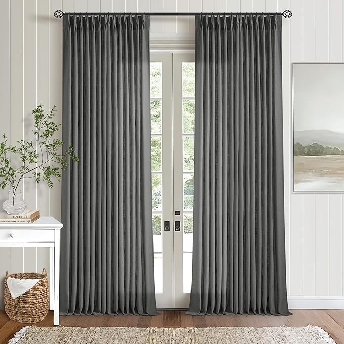 Charcoal Gray Linen Pinch Pleated Curtains 120 Inches Long for Living Room Pleated Drapes Back Tab Thick Linen Dark Grey Simple Modern Neutral Farmhouse Extra Long 120 Inch Curtain for Dining Bedroom