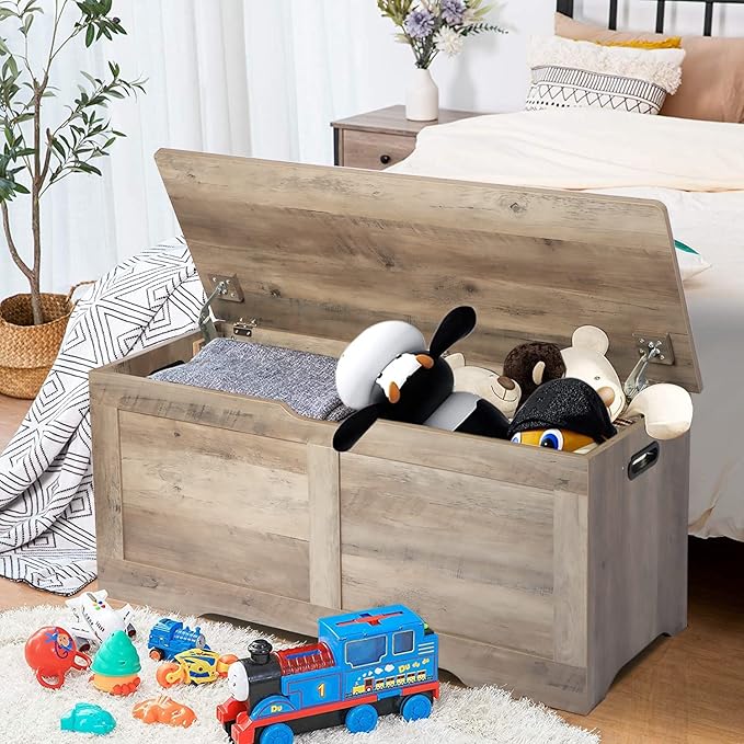 Timberer 39.4" Storage Chest, Wooden Storage Bench, Lift Top Toy Chest with 2 Safety Hinges, Large Toy Box, Entryway Bench for Living Room, Bedroom, Grey