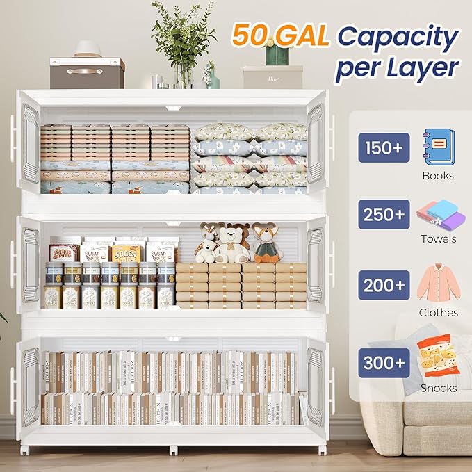 250GAL Extra Large Storage Bins with Lid, 1000QT Storage Bins with Wheels, Folding Closet Organizer, Stackable Collapsible Plastic Storage Containers for Home, Office, Kitchen, 5Pack White