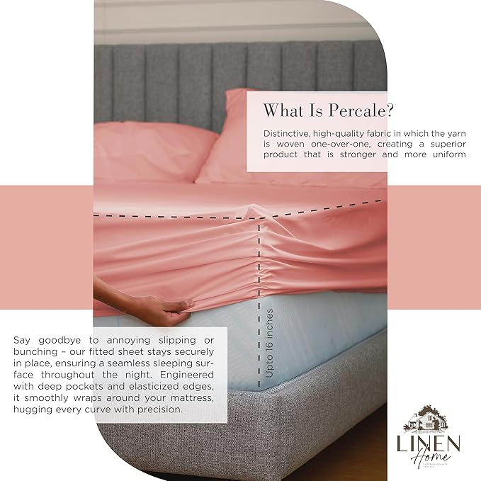 Linen Home 100% Cotton Percale Sheets California King Size, English Rose, Deep Pocket, 4 Pieces Set - 1 Flat, 1 Deep Pocket Fitted Sheet and 2 Pillowcases, Crisp Cool and Strong Bed Linen