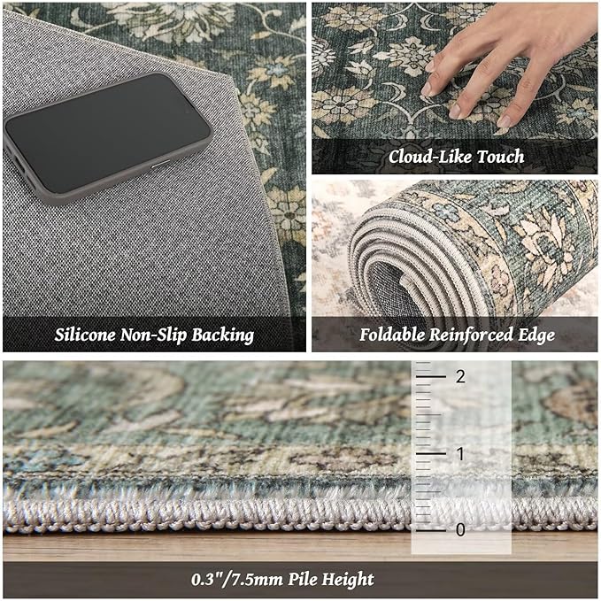 Washable 10x14 Area Rugs for Living Room, Boho Non-Slip Vintage Distress Large Rugs for Bedroom Dining Room Office, 0.3" Neutral Oriental Throw Thin Carpet, Sage Green/Blue/Multi