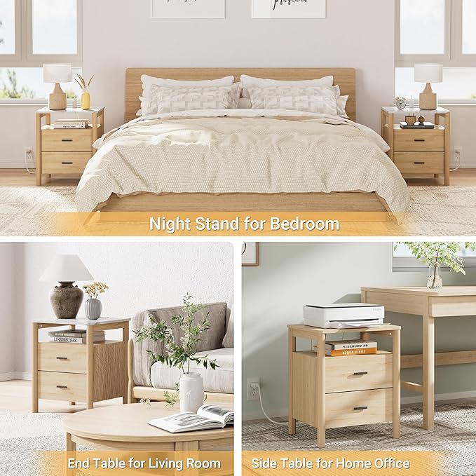 FavourLife Night Stand, 20" Wide Nightstand, Modern Large Nightstand with Charging Station & Faux Marble Top, 2 Drawer End Table with Solid Round Post Legs, Bedside Table for Bedroom, Natural Oak