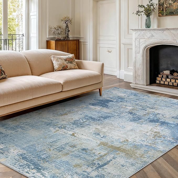 6x9 Area Rugs for Living Room, Modern Abstract Washable Rug with Non-Slip Backing & Low Pile Indoor Carpet for Nursery Room, Bedroom and Dinning Room, Light Blue