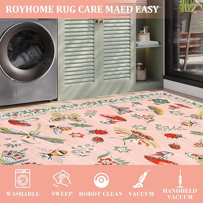 Mushroom Insect 8x10 Area Rugs, Washable Rugs for Living Room Non Slip Stain Resistant Low Pile Modern Butterfly Carpet for Bedroom Dining Room Nursery Playroom Office, Light Pink