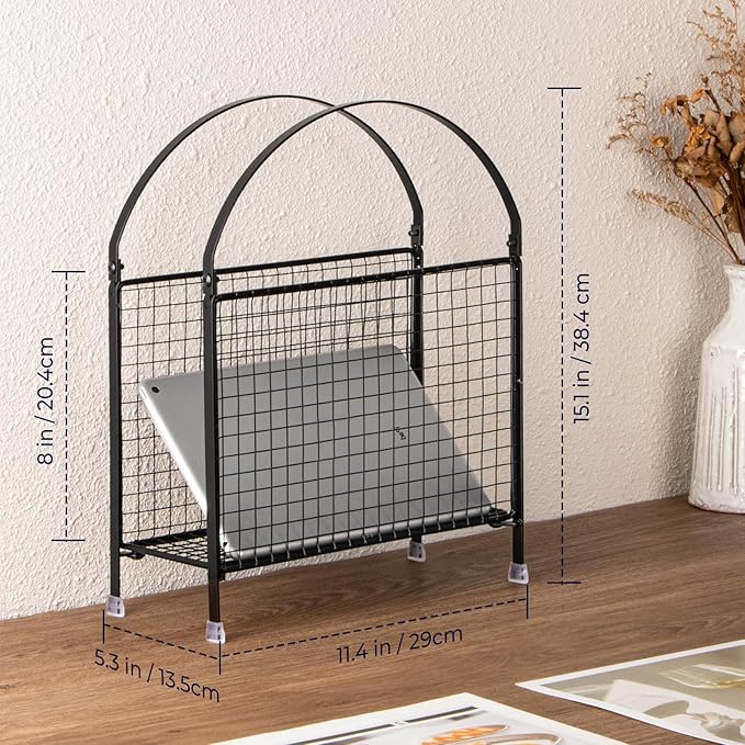 PUERSI Freestanding Magazine Holder – Modern Touch Handbag Design, Magazine Organizer Metal Rack for Books, Vinyl Record, Newspaper (Black)