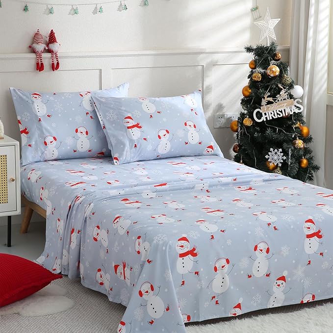 JSD Snowman Kids Sheet Set Full Size, 4 Piece Blue Snowflakes Christmas Printed Microfiber Sheets Deep Pocket