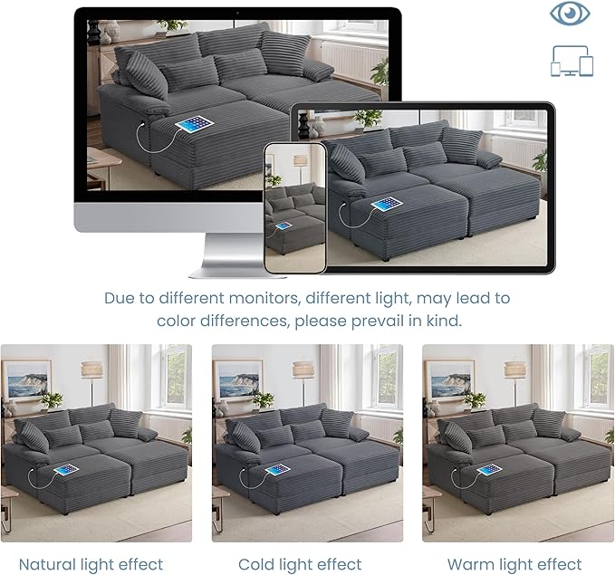 SUNWAVE 74" Double Chaise Lounge Chair Indoor, Oversized Loveseat with Storage Ottoman, Corduroy Couch with USB Charging, Removeable Ottoman, and Coffee Table Cushions for Living Room