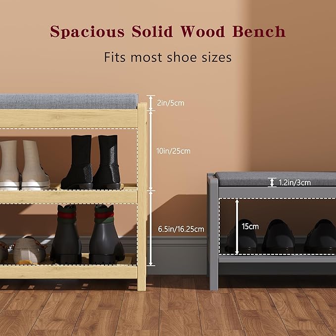 Shoe Bench Entryway, 100% Solid Solid Wood Shoe Rack Bench with Storage and Cushion Padded Seat, 3-Tier Shoe Organizer for Hallway Living Room, Mudrooms, Natural