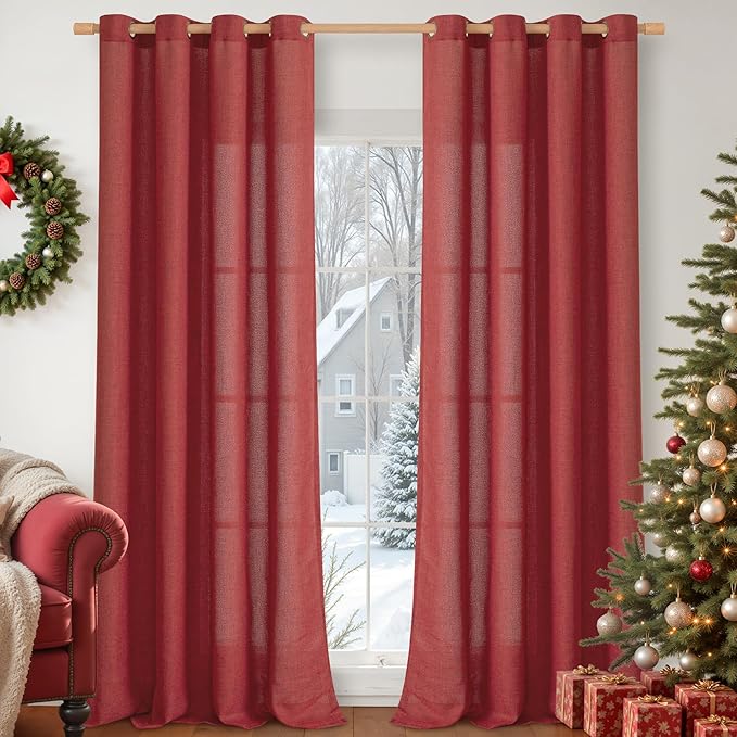 YoungsTex Red Linen Curtains 90 Inch Length for Living Room, Light Filtering Drapes with Bronze Grommet Privacy for Dining Bedroom Window, 52 x 90 Inch, 2 Panels