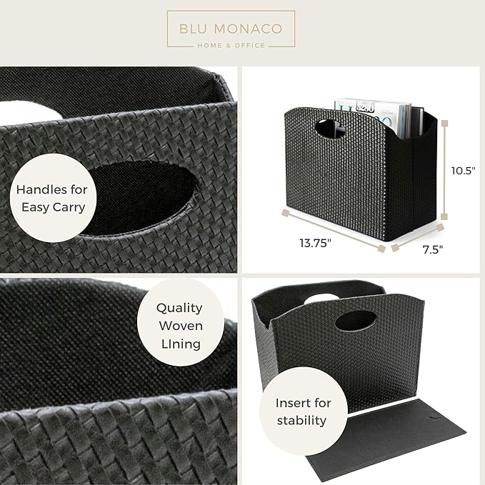 BLU MONACO | Black Woven Leather Magazine Holder with Handles | Stylish Magazine Rack for Floor or Table | Decorative Basket for Living Room, Office, or Reception