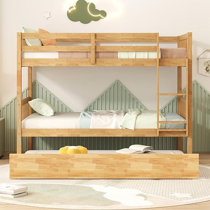 Bellemave Twin Over Twin Bunk Bed with Trundle,Convertible Bunk Beds with Ladder & Safety Guardrails,Twin Size Trundle Bunk Beds for Kids Girls Boys,Natural
