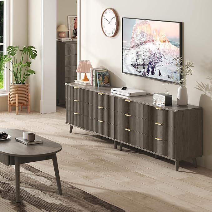 Lulive Wood Dresser for Bedroom with 6 Drawers, 53.2" Long Fluted Modern Chest of Drawers Storage Organizer, Dressers TV Stand for Living Room, Closet, Hallway (Dark Grey Oak)