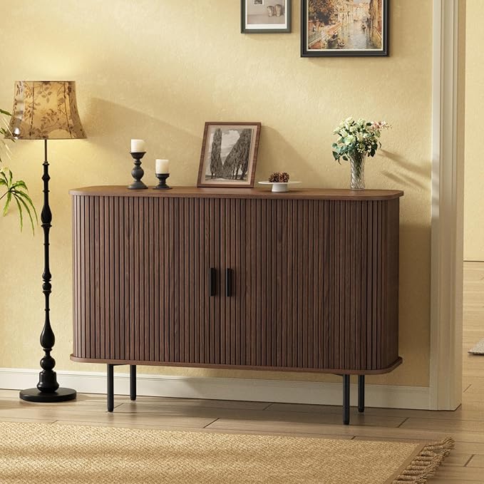 47''W x 32''H Buffet Sideboard Cabinet with Storage, Fluted Storage Accent Cabinet with Curvy Edge, Sliding Door, Credenza, Console Table for Living Room, Kitchen, Walnut