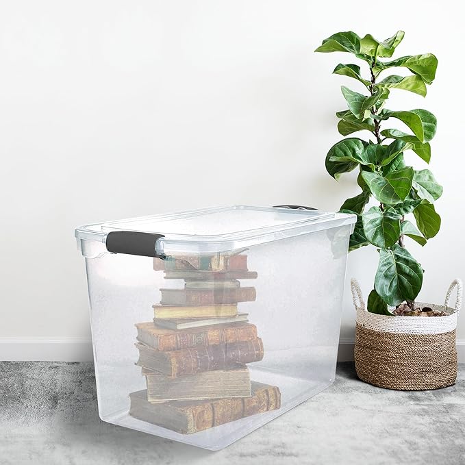 HOMZ 4-Pack Secure Latch, Clear Plastic Storage Organizer Bins, 112 Quart, Gray Latches - Stackable Container Boxes for Bedroom, Bathroom, Garage, and Office Organization