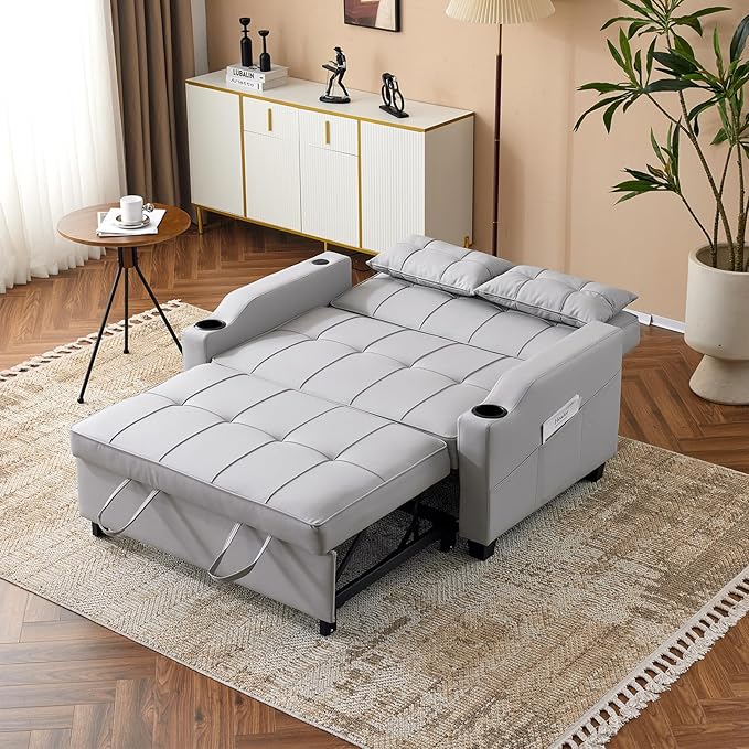 VINGLI Light Grey Futon Sofa Bed Convertible Loveseat Sleeper Couch, Faux Leather Pullout Sofa Fold Out Couch Bed with USB Ports, Cup Holders, Armrest for Living Room, Bedroom Apartment Room