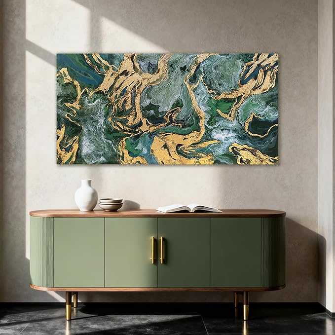 YETHEN WAL Emerald Green Abstract Wall Art Fluid Canvas Wall Decor Modern Art Prints for Living Room Bedroom Office 20x40 Inch