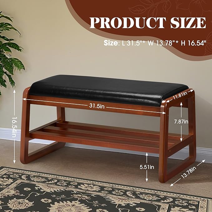 HABUTWAY Solid Wood Shoe Rack, Entryway Shoe Bench with Cushion, 2 Tier Shoes Organizer for Entryway, Hallway, Living Room-(Black,31.5"-M)