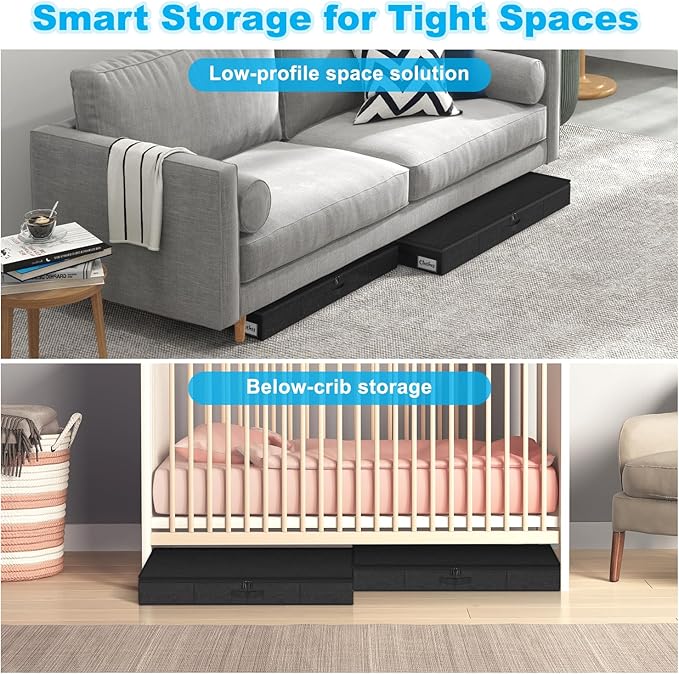 Under Bed Storage Container Bin 4 Pack, 4.5 Inch Slim Low Profile Underbed Clothes Storage Organizer for Dorm & Home, Use for Blanket and Toy Storage Box W/ Sturdy Bottom/Sides, Foldable Thick Fabric