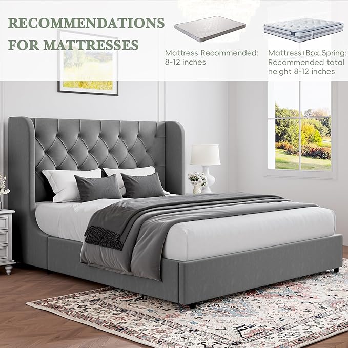 HOMBCK Full Size Bed Frame, Grey Upholstered Platform Bed Frame with Headboard, Velvet Tufted, Curved Wingback Design, Wooden Slats, No Box Spring, Noise Free, Easy Assembly