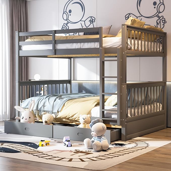 Merax Wood Bunk Bed with Drawers,Convertible Wood Bunk Bed with Ladders and Two Storage Drawers,Solid Wood Detachable Bed Frame with Ladders,Full Over Full,Grey