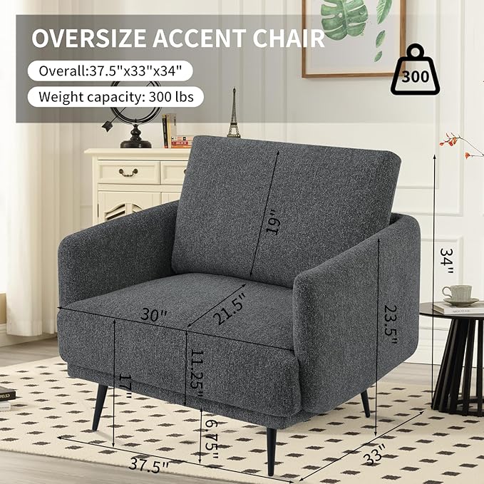 Oversized Accent Chair for Living Room Cozy Reading Chairs Mid-Century Modern Accent Chairs Armchair with Metal Legs Single Sofa Chair for Home Office (Set-of-2, Chenille Fabric- Dark Grey)