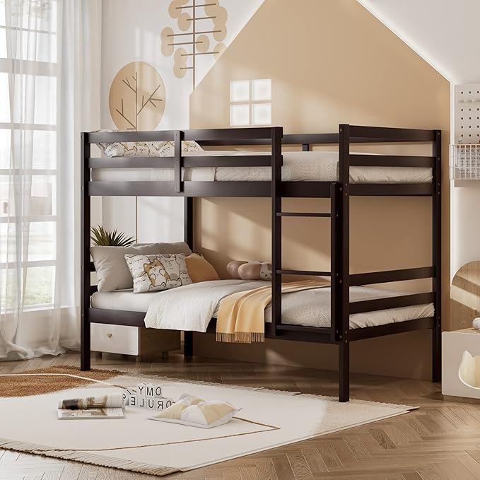 KOMFOTT Wood Bunk Bed Twin Over Twin, Bunk Bed with Ladder & Safety Guardrail, Solid Wood Bed Frame, Ideal for Dormitory & Multiple-Child Family, No Box Spring Needed, Kids Twin Bed