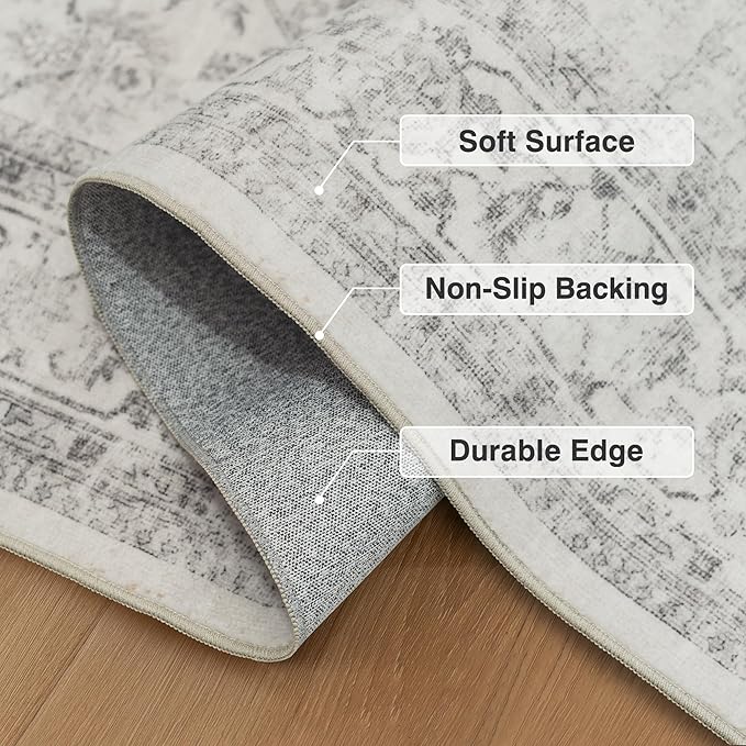 FMFUNCTEX 2x6 Runner Rug Grey Vintage Neutral Washable Distressed Non Slip Low Pile Indoor Carpet Soft Retro Floral Hallway Entryway Rug for Kitchen Living Room Bedroom Bathroom Laundry Entry Bedside