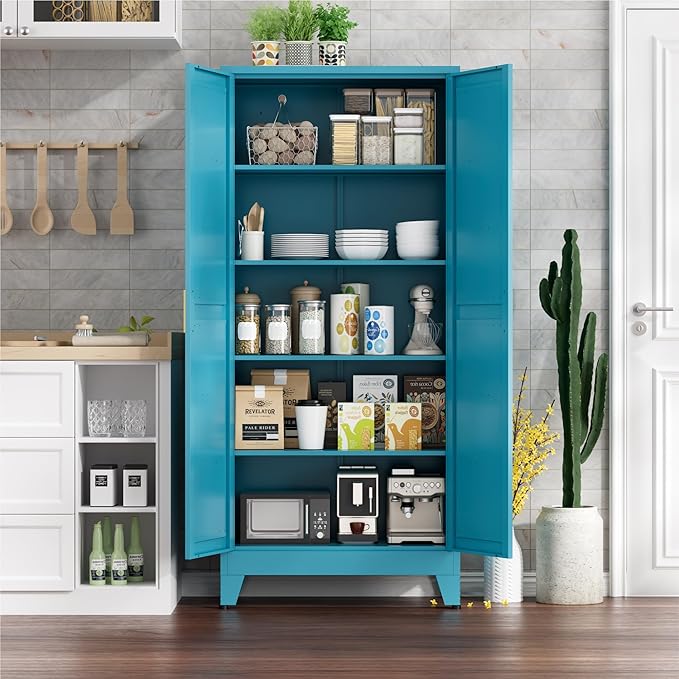 Farmhouse Pantry Cabinet with Barn Doors, 71" H x 31.5" W, 5-Tier Metal Storage Cabinet with 4 Adjustable Shelves for Kitchen Garage Dining Room,Blue