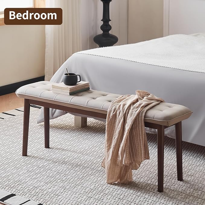 47'' Solid Wood Dining Bench with Cushion, Faux Leather Upholstered Bench for Dining Room Table, Kitchen, Entryway, or Bedroom End of Bed, Beige