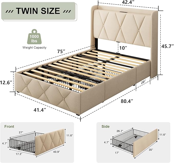 Feonase Twin Bed Frame with 3 Storage Drawers, Upholstered Platform Bed with Fast Charging Station, Wingback Storage Headboard, Wooden Slats Support, No Box Spring Needed, Easy-Assembly, Beige