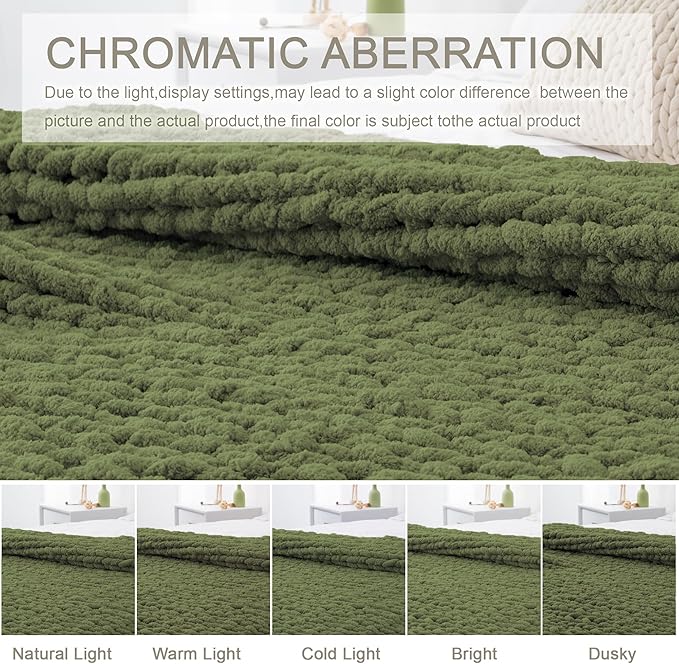 Chunky Knit Throw Blanket 50"X 60", 100% Handmade with Soft Chenille Yarn, 4.4lbs Thick Cable Knitted Blankets, Large Rope Knot Crochet Throws for Couch Sofa Bed Home Decor, Olive Green