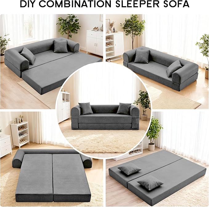 78.5" Convertible Sleeper Sofa Bed, Faux Leather Folding Floor Sofa with Pullout Bed&2 Pillows, No Assembly Modern Boneless Couch Compression Sofa in Box with Storage Pocket for Living Room, Gray