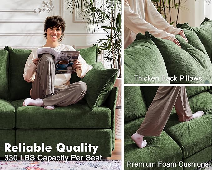 ABCASA 102.6" Modular Sectional Sofa, L Shaped Couch Set for Living Room, 3-Seater Comfy Cloud Couches with Movable Storage Ottoman,DIY Combination - Chenille Green