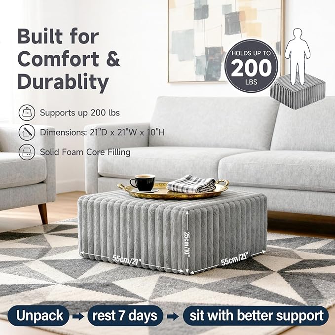 Tiita Suqre Stuffed Pouf Ottoman, Stripe Poufs 21×21×10 inch with Foam Chunk Filling, Floor Bean Bag Floor Chair Storage for Living Room Bedroom Home Decor, Grey