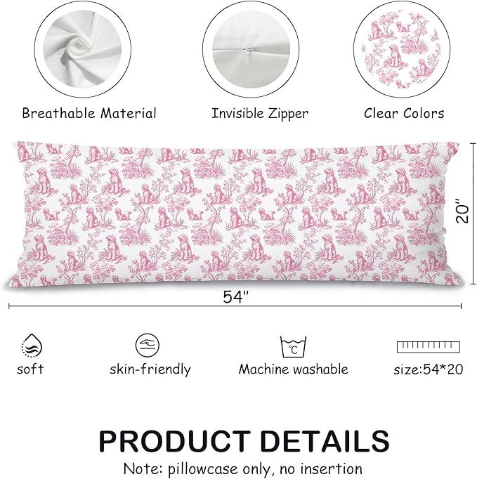 Pink Chinoiserie Golden Doodle Dog 20x54 Body Pillow Cover with Zipper,Goldendoodle Decor,Grandmillennial Pink Golden Doodle Dog Decorative Body Pillow Cases for Bed Couch
