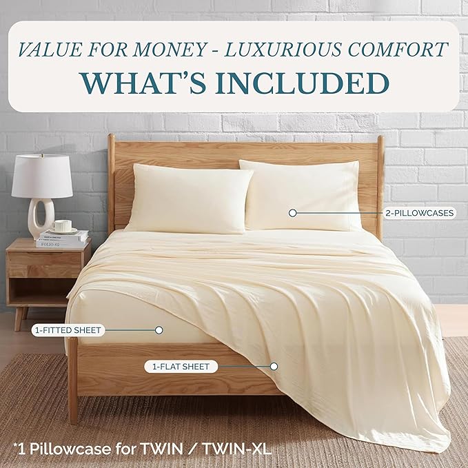 Casa Platino King Size Bed Sheets – 4 Piece Set, Pre-Washed Ultra Soft Fabric, Cozy Fit, Fade Resistant, Deep Pocket King Sheet Set, Microfiber Sheets with Enhanced Comfort & Long-Lasting Feel - Ivory