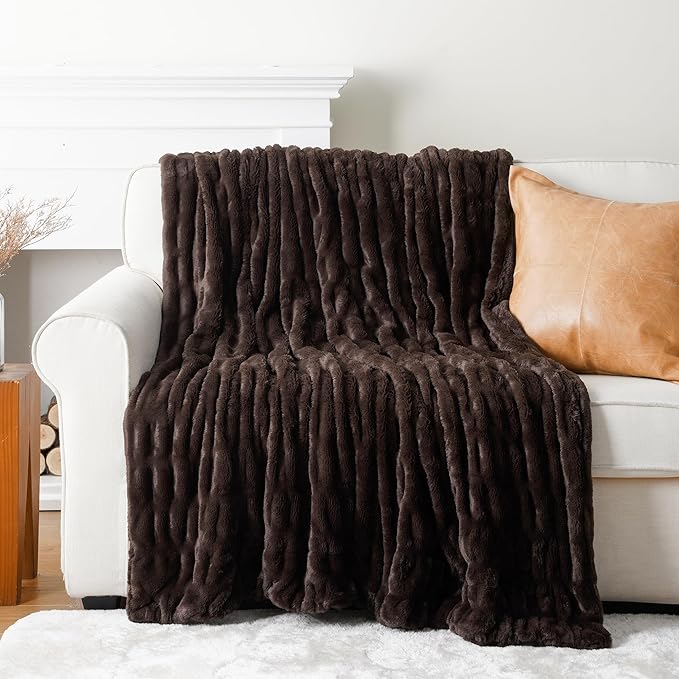 BATTILO HOME Dark Brown Faux Fur Throw Blanket for Bed, Double Side Reversible Ruched Faux Rabbit Fur Throw for Couch, Bed, Super Soft Blanket Cozy Warm Mink Blanket, 60"x80"