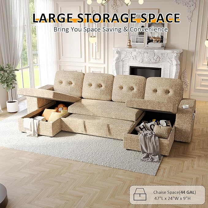 117" Sleeper Sofa Bed, U-Shaped Sofa with Dual Reversible Storage Chaise | Adjustable Backrest | Wide Armrest, Sectional Couches for Living Room, 4 in 1 Pull Out Couch Bed, Khaki Chenille