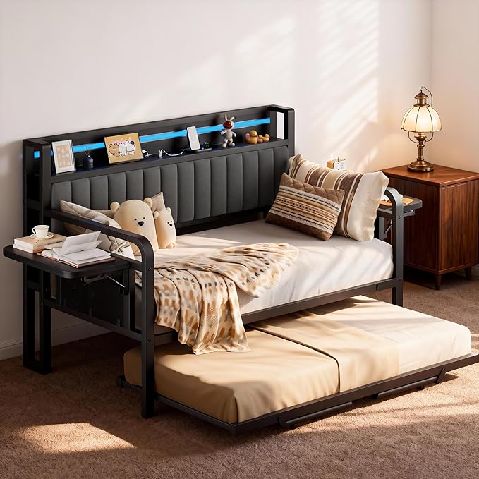 Daybed with Trundle, Twin Trundle Bed Frame - Metal Day Bed with LED Lights, Upholstered Storage Headboard & Charging Station, Pop Up Sleeper, Modern Design for Living Room and Guest Room-Black