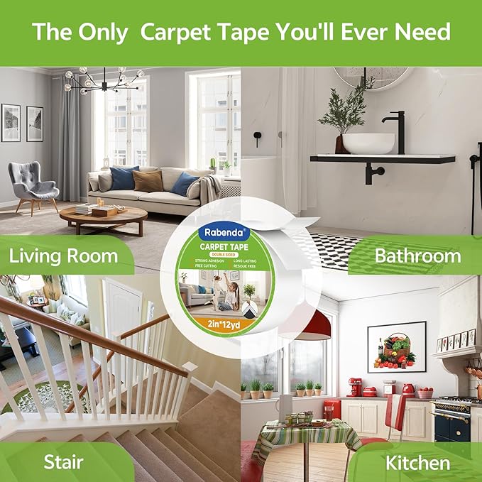 Rabenda Double Sided Carpet Tape - 2 Inch x 12 Yards Removable Rug Tape for Hardwood Floors, Tile & Laminate - No Residue Strong Hold Anti Slip Gripper for Area Rugs, Mats & Carpets
