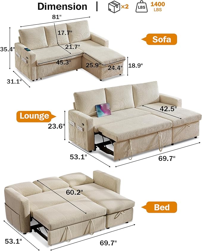 Vipbear 80" Sectional Sleeper Sofa Bed with Pull Out Bed, L Shaped Couch Pull Out Couch with Reclining Backrest, Reversible Storage Chaise, USB Ports, Tool-Free Assembly, Corduroy Beige Color
