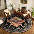 Area Rugs 8ft Washable Non-Slip, Floral Vintage Distress Print Pattern Medallion Carpet for Living Room Bedroom Dining Room, Black Colorful Floral Dark Tan
