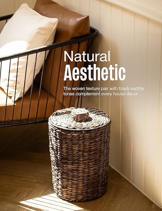 4 Gallons Wicker Waste Basket - Water Hyacinth Bathroom Trash Can - Garbage Can with Lid Boho Style - Wicker Trash Can with Lid for Bedroom, Kitchen - Removable Liner (Black Color)