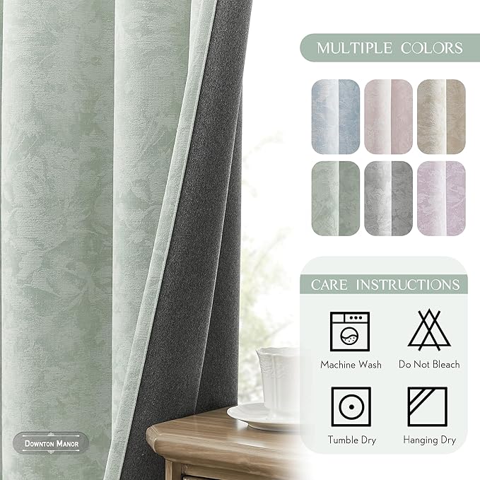 Beauoop Green Floral Jacquard Blackout Curtains 84 Inches Long 2 Panels for Bedroom Living Room Sage Flower Chenille Room Darkening Thermal Insulated Soundproof Grommet Window Treatments Drapes, 52x84
