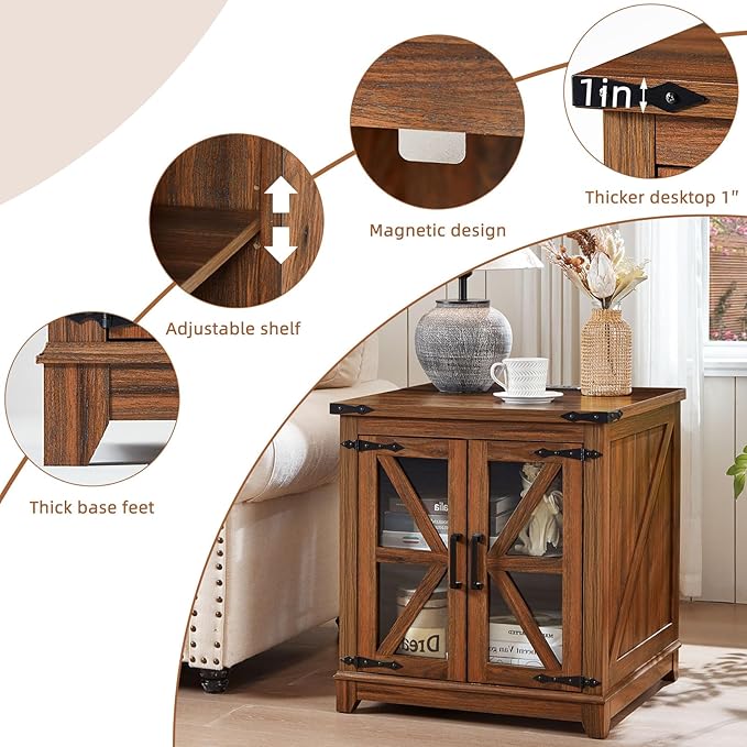 Farmhouse End Table Set 3, Narrow 18'' Night Stand with Glass Barn Door, 24" Square Side Table with Charger Station, Living Room Furniture Sets, Wood Nightstand Bedside Tables for Bedroom