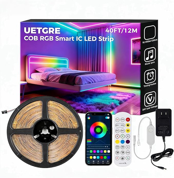 40FT RGB+IC COB LED Strip Lights, Bright Dream Color COB LED Light Strip with App & Remote Control, Color Changing, Music Sync, Dimmable for Bedroom, Kitchen, Gaming Room Home Decor （1 Roll）