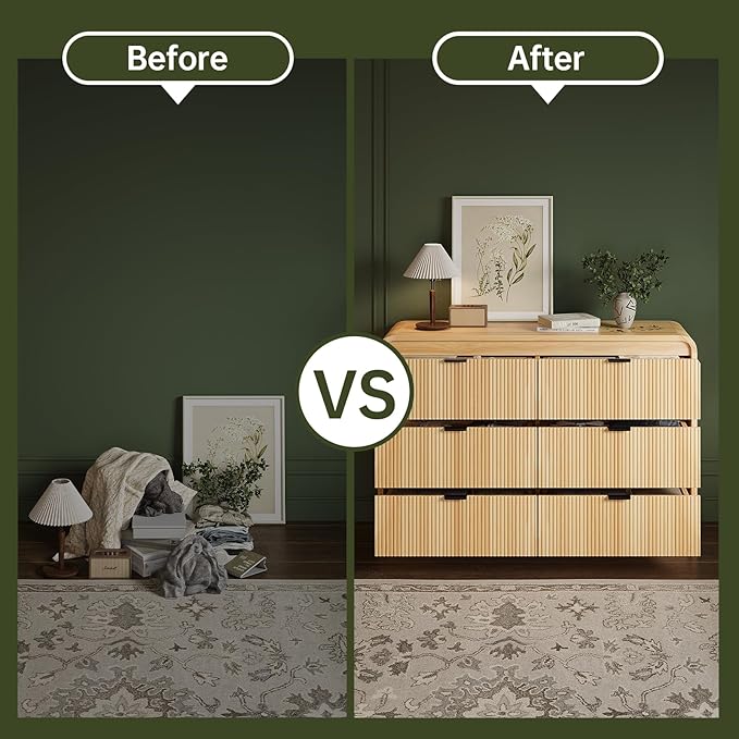 FURSUN Fluted 6 Drawers Dresser for Bedroom, 54" Wide Wooden Dresser with Metal Handle, Curved Profile Design, Modern Storage Organizer for Bedroom, Living Room, Hallway, Natural Oak