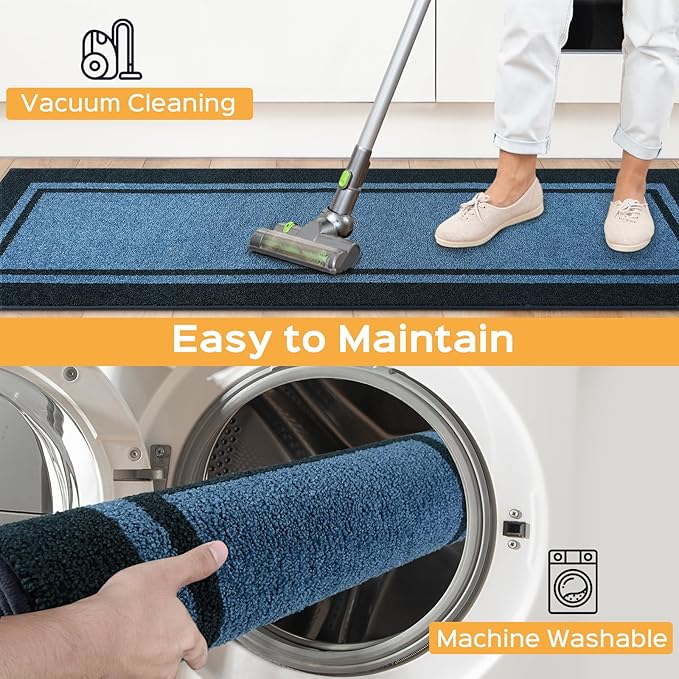 Kitchen Rugs 24" x 36", Non-Slip Machine Washable Kitchen Runner Rugs Floor Mats, Absorbent Comfort Standing Mats for Kitchen, Sink, Laundry and Hallway, Light Blue & Navy