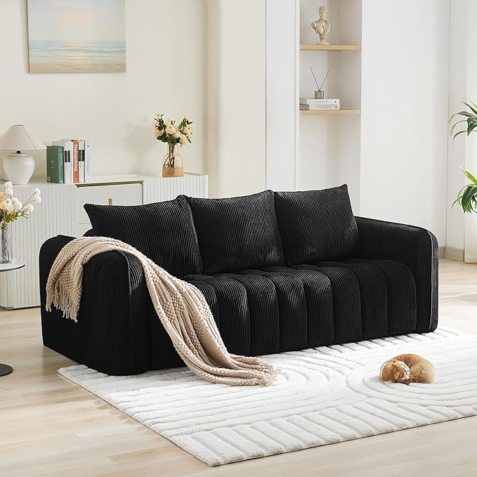 Corduroy Boneless Living Room Sets, Modern Upholstered 3 Seater Sofa with 2 Signle Accent Chairs, Comfy Deep Seat Cloud Sofa Couch Sets for Living Room, Black
